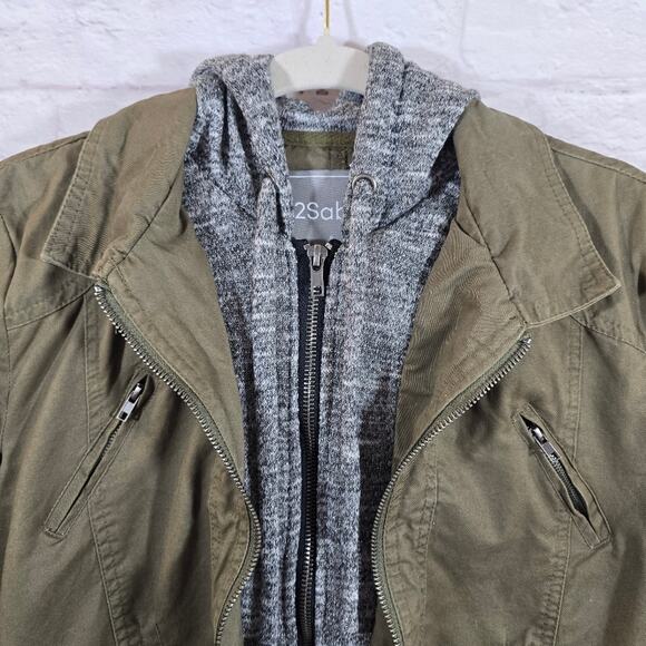 M 2Sable Womens Olive Green Gray Hoodie Layered Look Jacket Size S Utility Cargo - Picture 2 of 9